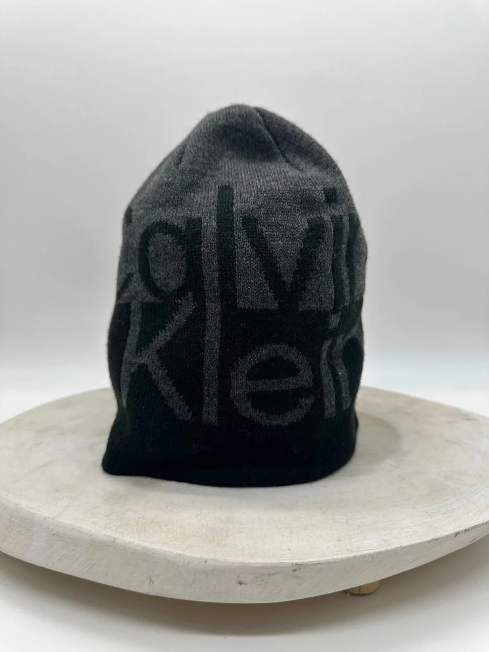 Calvin Klein Beanie Hat Black Gray Knit Block Logo Unisex